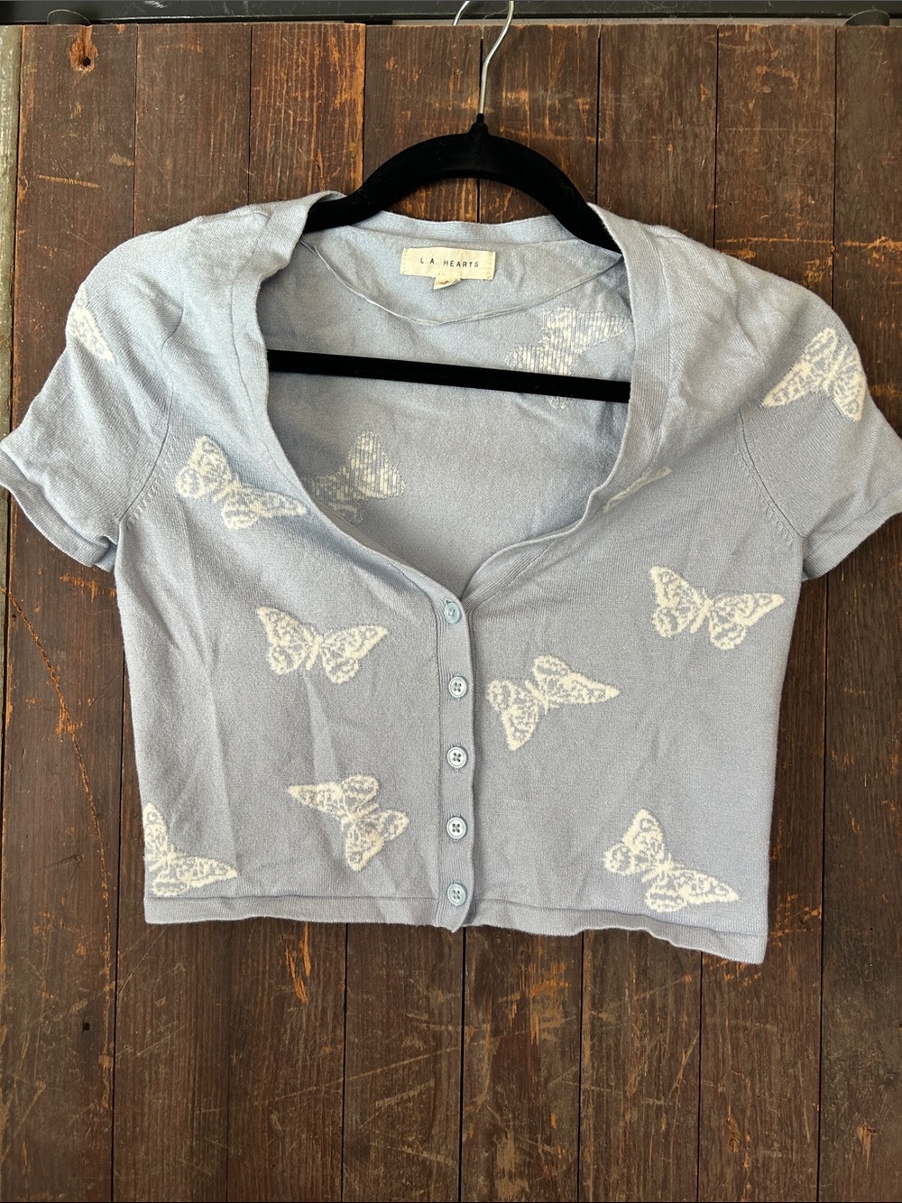 La Hearts Pale Blue Butterfly Button Crop Top